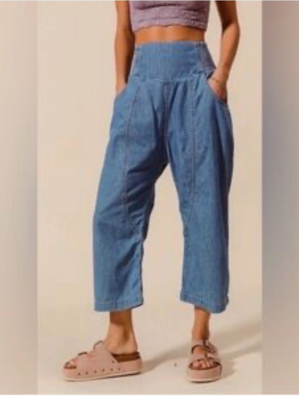 We The Free Relaxed Wide-Leg Blue Denim Jeans with Smocked Waist